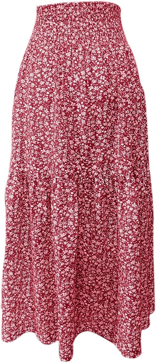 Women's Boho Floral Maxi Skirt Casual Elastic High Waist Maxi Skirts Vintage Flowy Beach Long Beach Vacation Dress