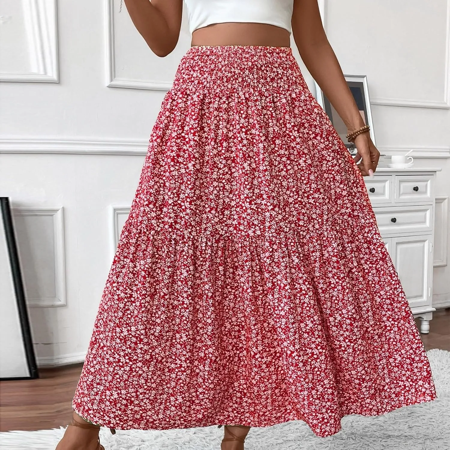 Women's Boho Floral Maxi Skirt Casual Elastic High Waist Maxi Skirts Vintage Flowy Beach Long Beach Vacation Dress