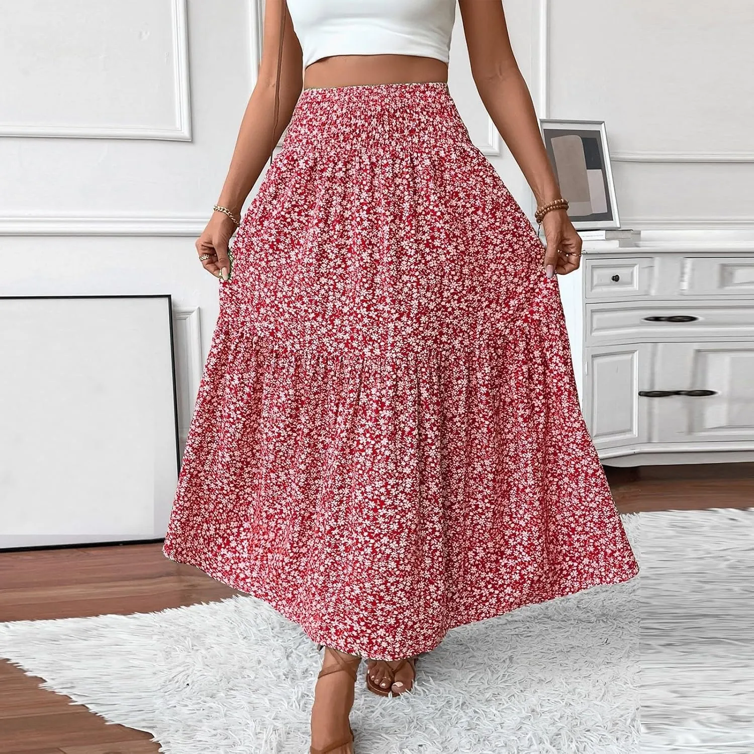 Women's Boho Floral Maxi Skirt Casual Elastic High Waist Maxi Skirts Vintage Flowy Beach Long Beach Vacation Dress