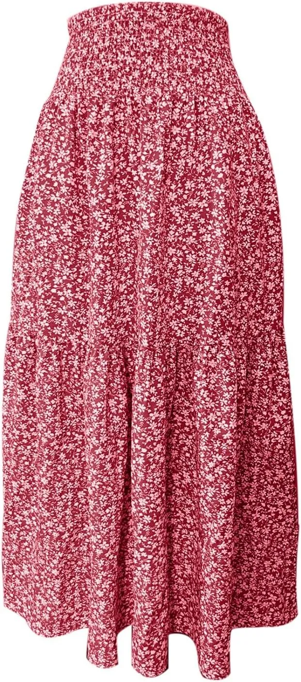 Women's Boho Floral Maxi Skirt Casual Elastic High Waist Maxi Skirts Vintage Flowy Beach Long Beach Vacation Dress