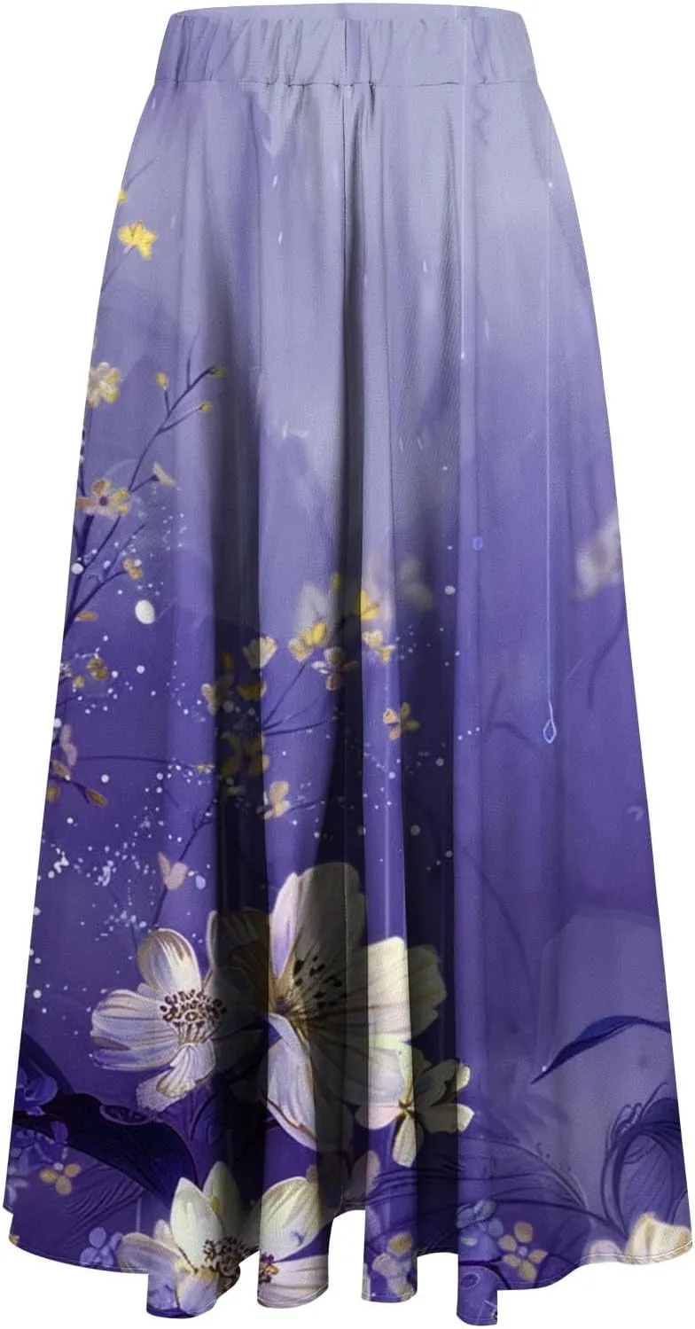 Womens High Waist Floral Long Skirts Spring Summer Flowy Boho Skirt Trendy Casual Mid Calf Length Skirt for Vacation