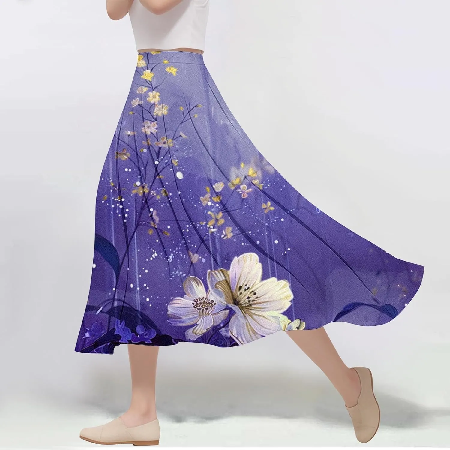 Womens High Waist Floral Long Skirts Spring Summer Flowy Boho Skirt Trendy Casual Mid Calf Length Skirt for Vacation