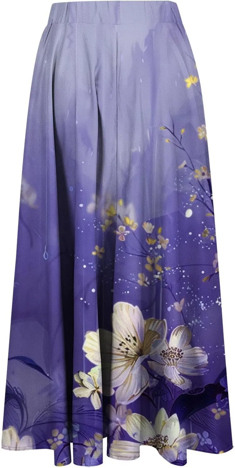 Womens High Waist Floral Long Skirts Spring Summer Flowy Boho Skirt Trendy Casual Mid Calf Length Skirt for Vacation