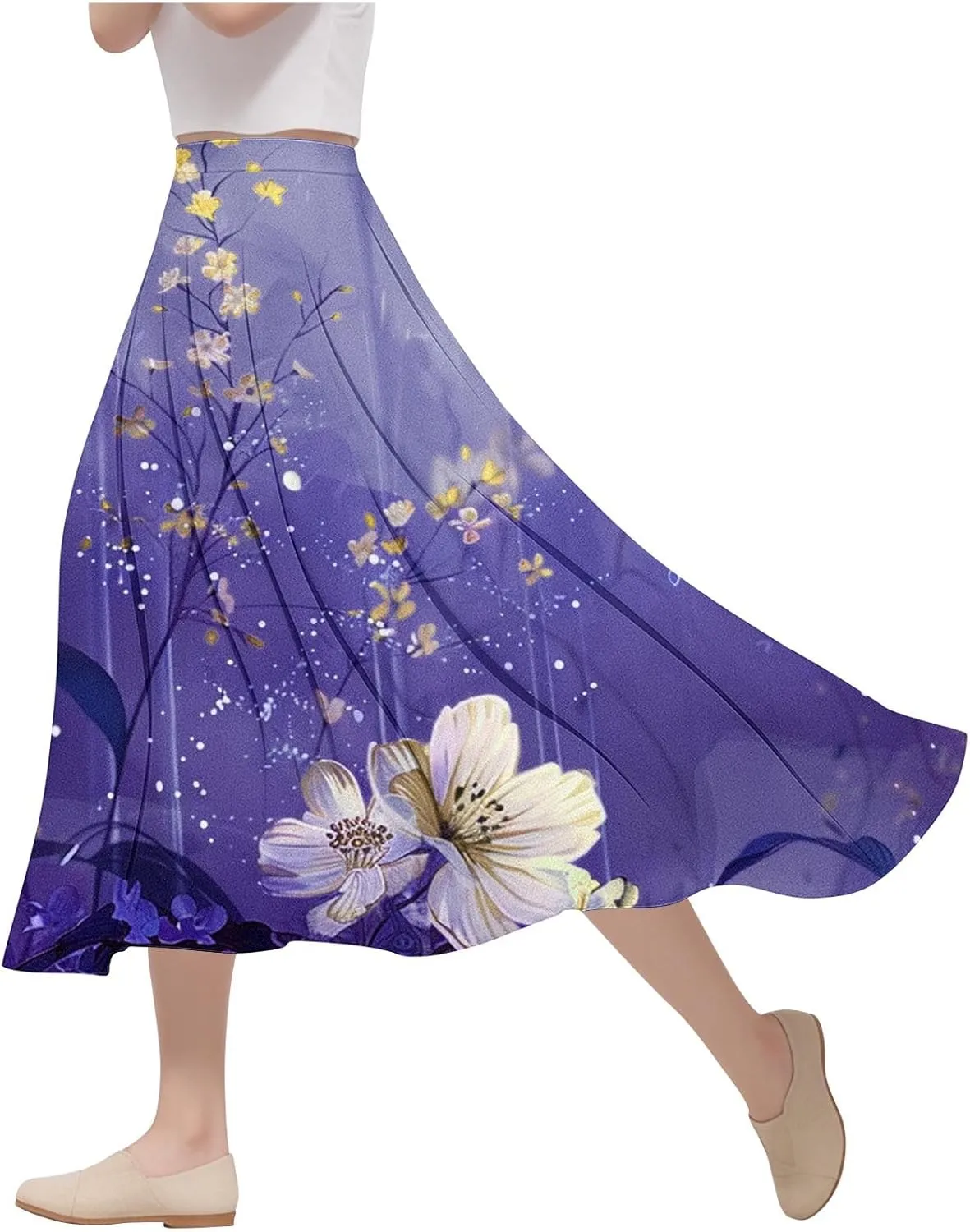 Womens High Waist Floral Long Skirts Spring Summer Flowy Boho Skirt Trendy Casual Mid Calf Length Skirt for Vacation