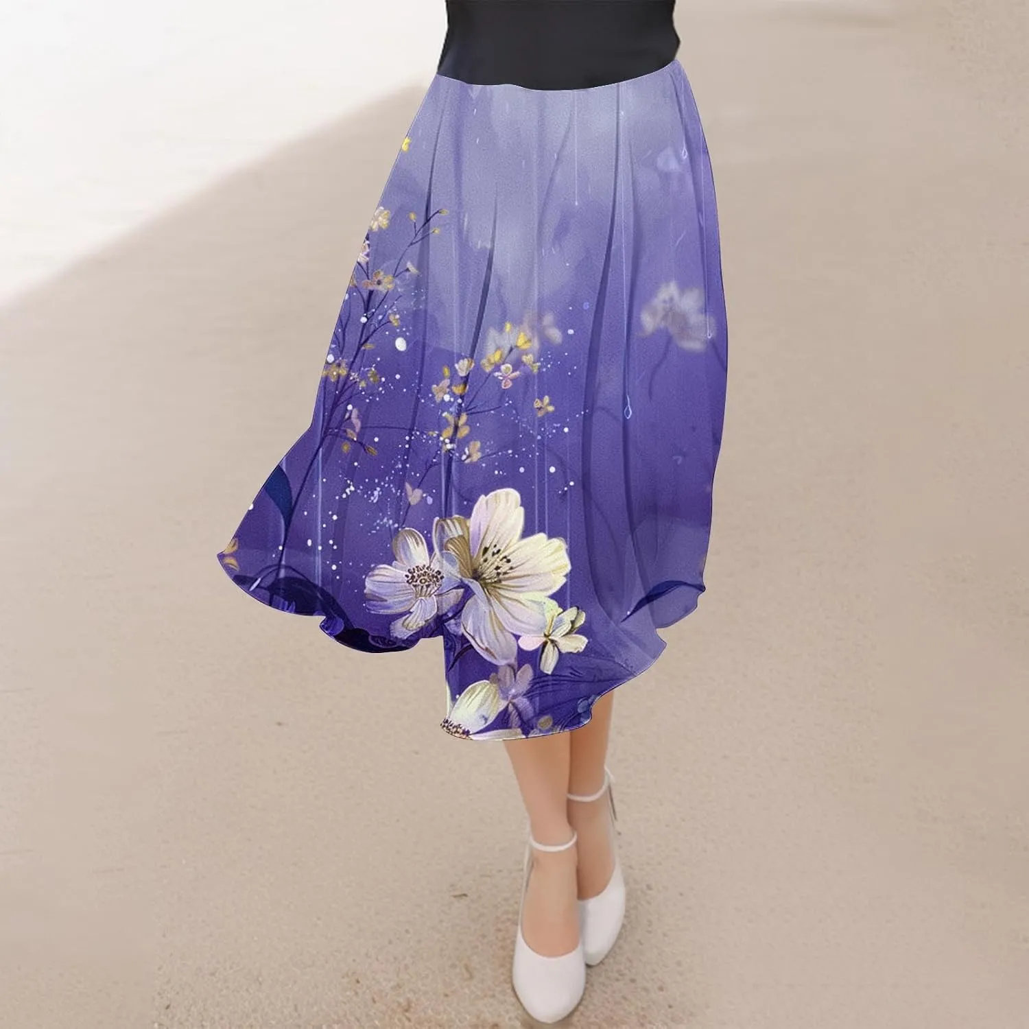 Womens High Waist Floral Long Skirts Spring Summer Flowy Boho Skirt Trendy Casual Mid Calf Length Skirt for Vacation