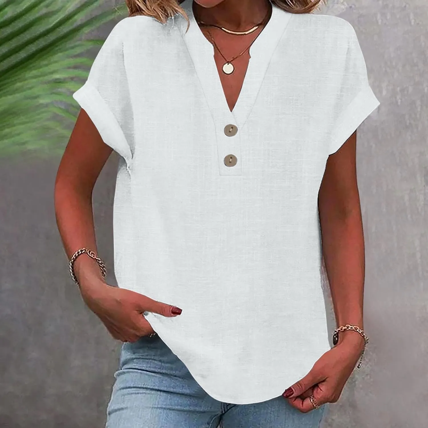 Womens Linen Short Sleeve Henley Tops V Neck Dressy Casual Loose Fit Shirts Summer Flowy Blouses 2025 Trendy Clothes