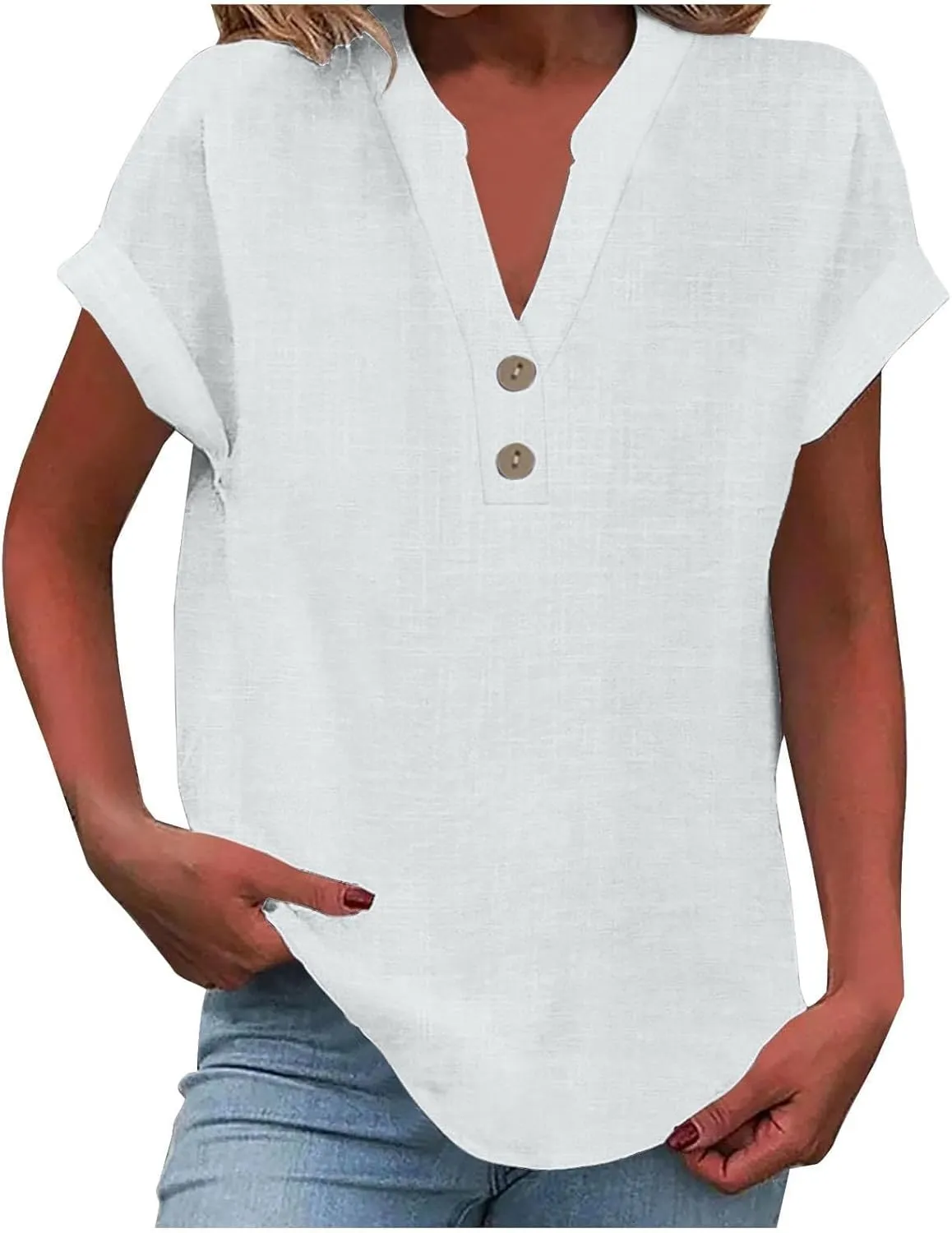 Womens Linen Short Sleeve Henley Tops V Neck Dressy Casual Loose Fit Shirts Summer Flowy Blouses 2025 Trendy Clothes