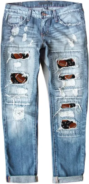 Womens Plaid Patch Raw Finish Football Print Straight Leg Denim Pants S-5XL