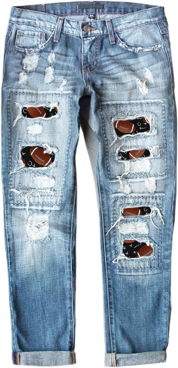 Womens Plaid Patch Raw Finish Football Print Straight Leg Denim Pants S-5XL