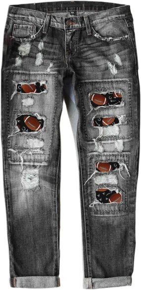 Womens Plaid Patch Raw Finish Football Print Straight Leg Denim Pants S-5XL