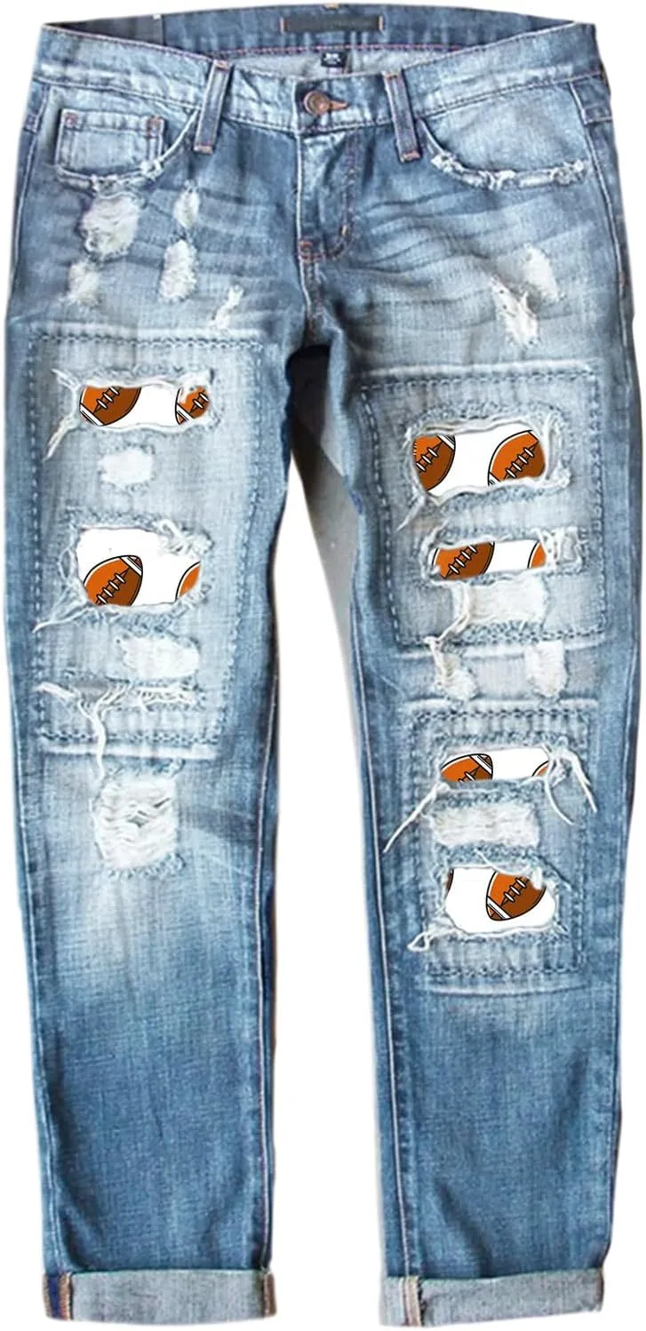 Womens Plaid Patch Raw Finish Football Print Straight Leg Denim Pants S-5XL