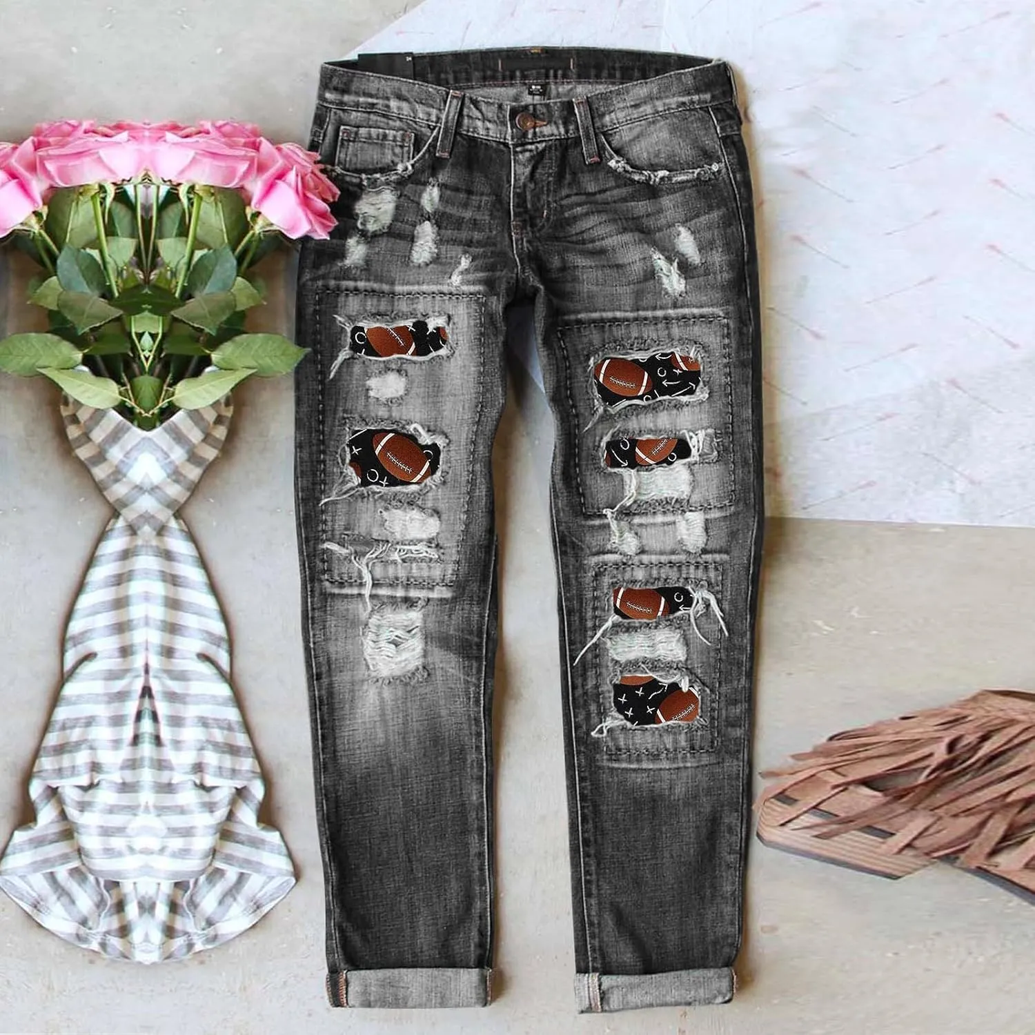 Womens Plaid Patch Raw Finish Football Print Straight Leg Denim Pants S-5XL