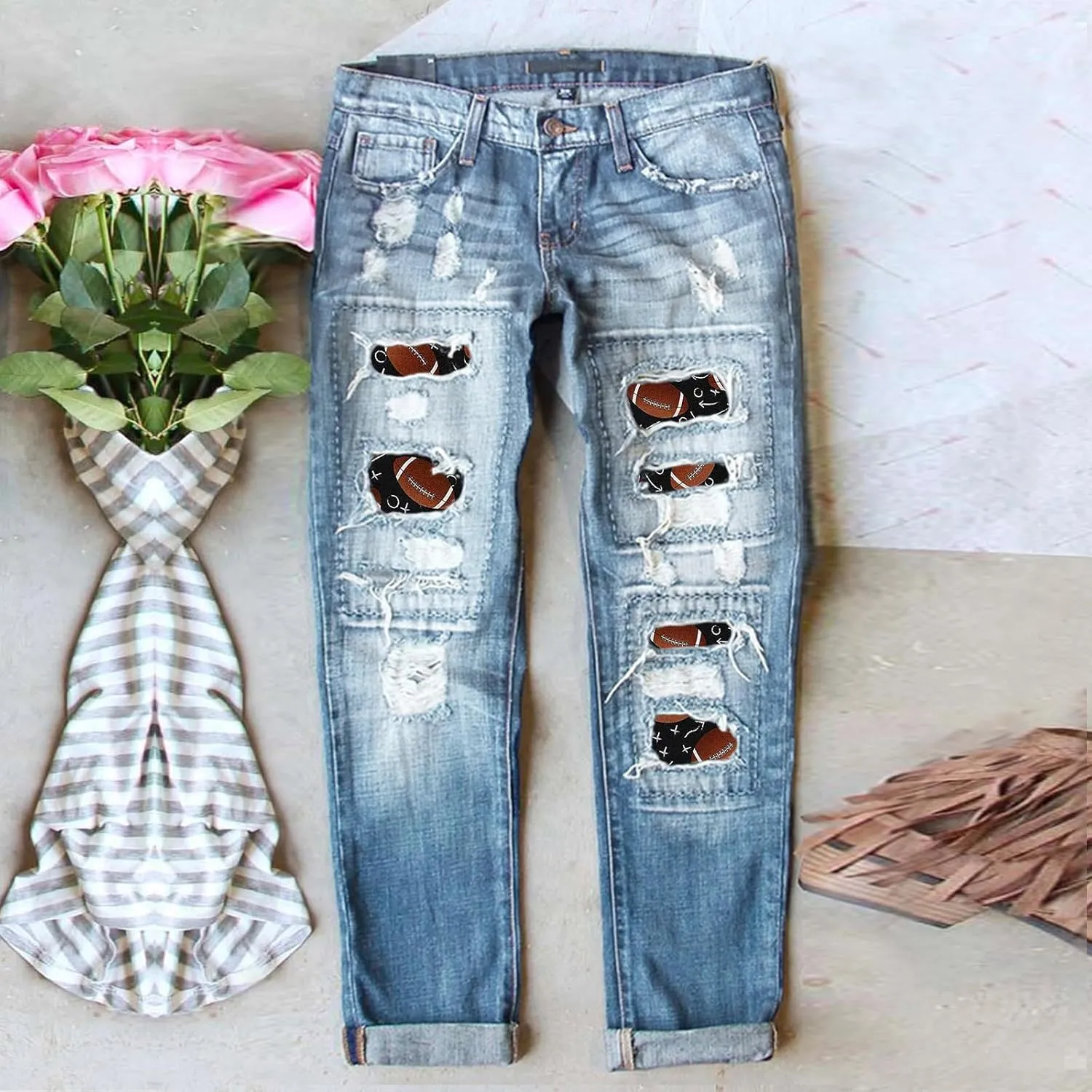 Womens Plaid Patch Raw Finish Football Print Straight Leg Denim Pants S-5XL