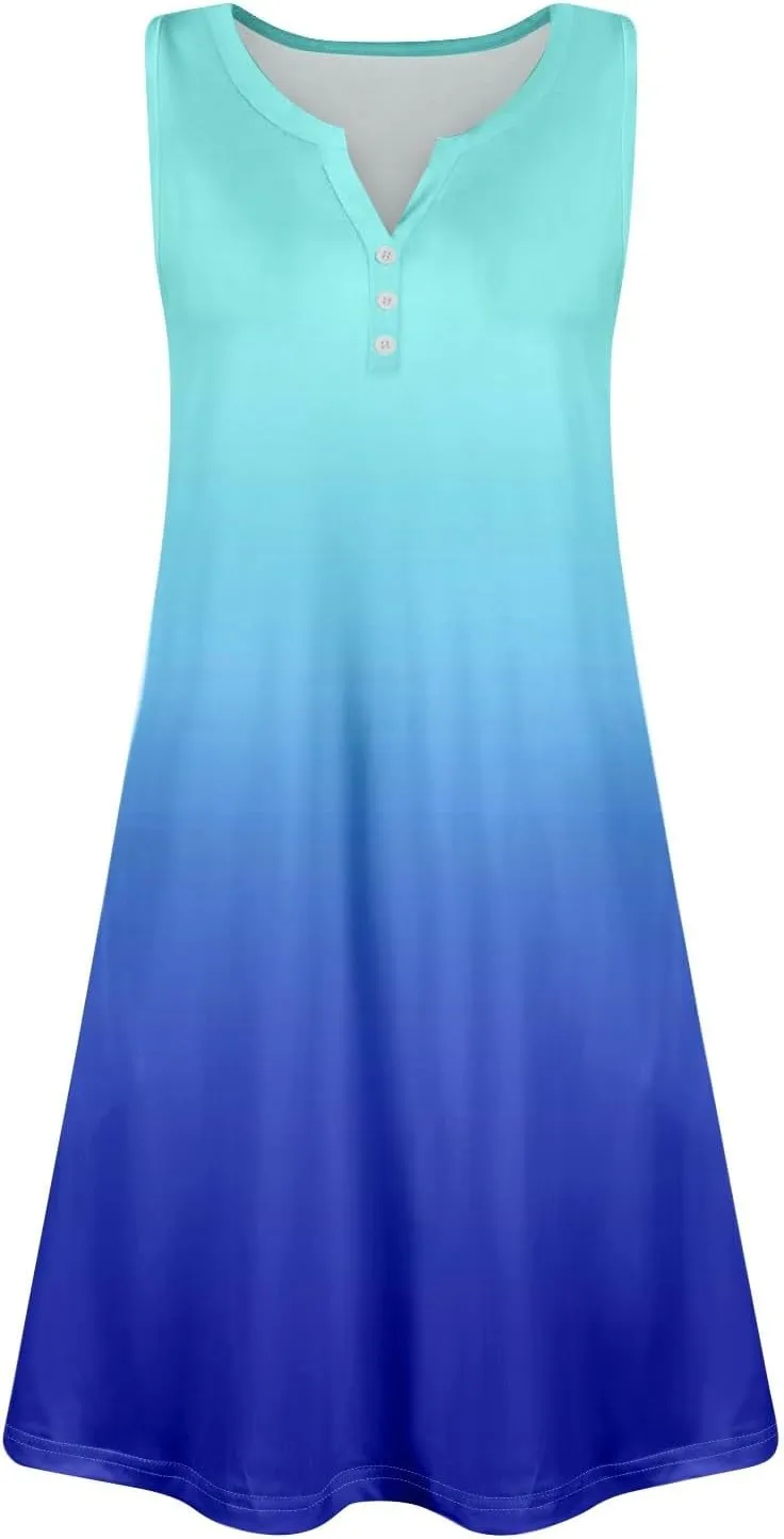 Women's Sleeveless Gradient Sundress with Pockets, Casual Summer Beach Dress, Button-Front, Lightweight and Comfortable