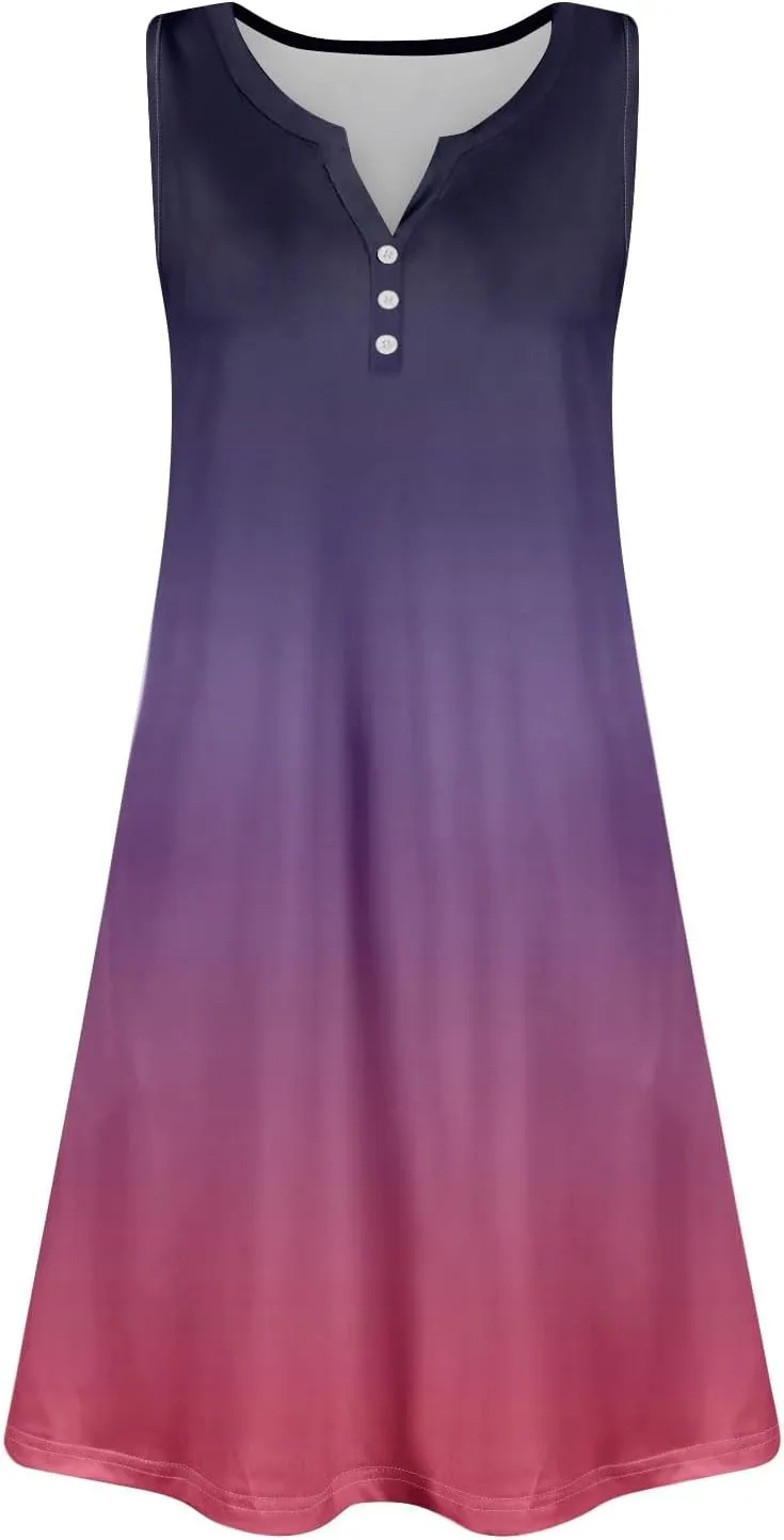 Women's Sleeveless Gradient Sundress with Pockets, Casual Summer Beach Dress, Button-Front, Lightweight and Comfortable