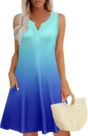 Women's Sleeveless Gradient Sundress with Pockets, Casual Summer Beach Dress, Button-Front, Lightweight and Comfortable