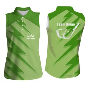Womens sleeveless polo shirts green lightning, custom name and team name golf shirt, golfing gifts